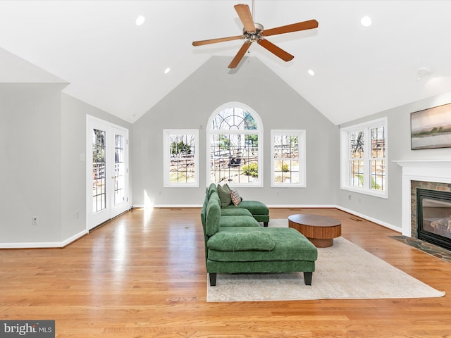 sitting room featuring a wealth of natural light, baseboards, a fireplace, and light wood finished floors