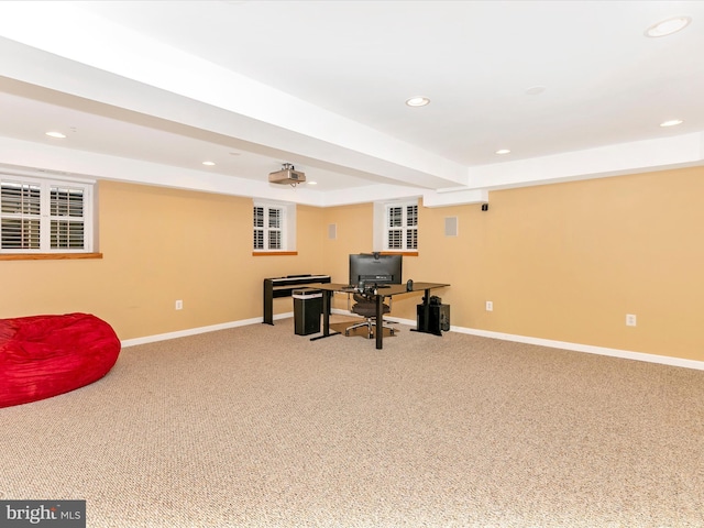 interior space with recessed lighting, baseboards, and carpet flooring