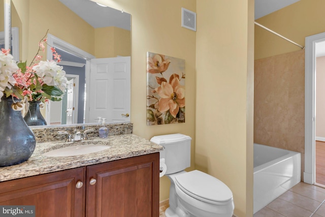 full bath with tile patterned flooring, visible vents, toilet, vanity, and  shower combination