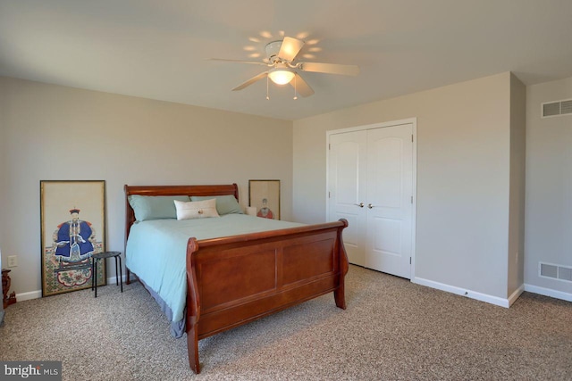 bedroom featuring light colored carpet, visible vents, and baseboards