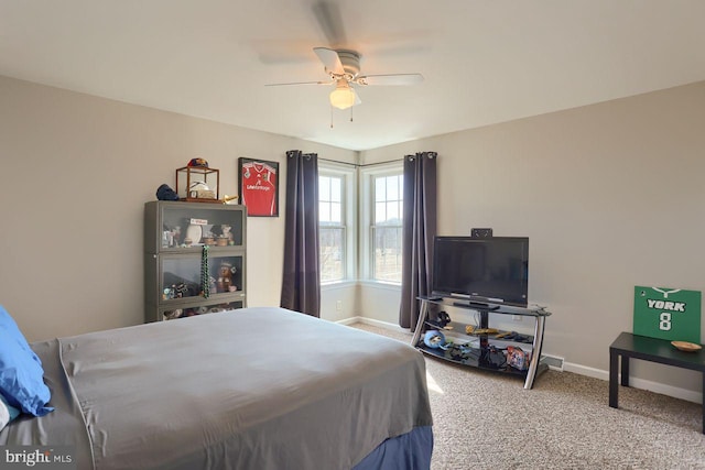 bedroom with baseboards, ceiling fan, and carpet flooring