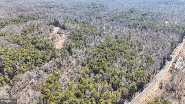 drone / aerial view featuring a wooded view