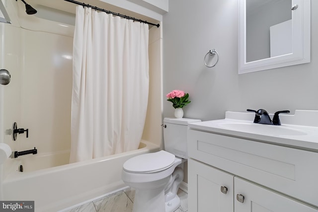 full bath with vanity, toilet, shower / bath combo, and marble finish floor