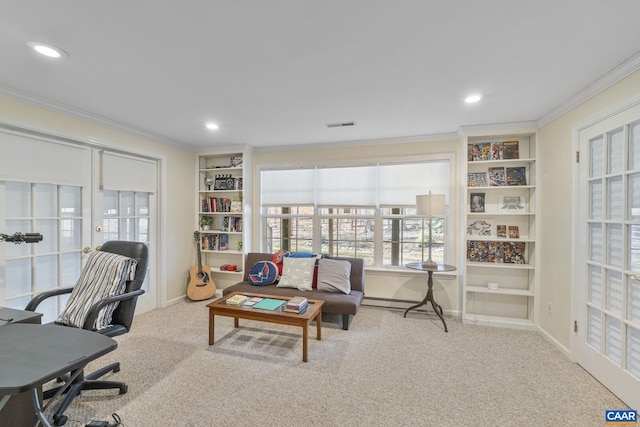 carpeted office featuring visible vents, recessed lighting, baseboards, and ornamental molding