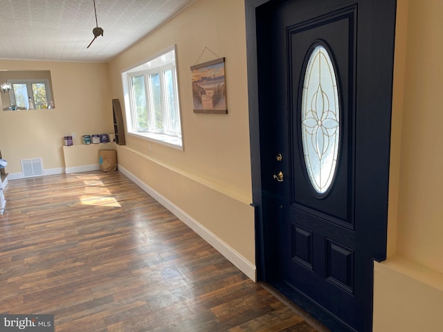 entrance foyer with visible vents, baseboards, and dark wood-type flooring