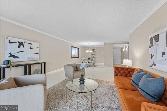 living area featuring a textured ceiling and crown molding