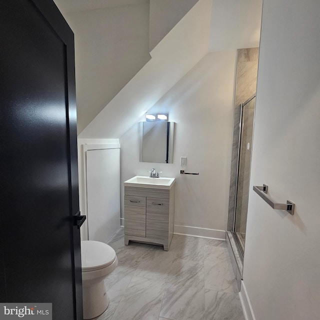 full bath featuring baseboards, toilet, a stall shower, marble finish floor, and vanity