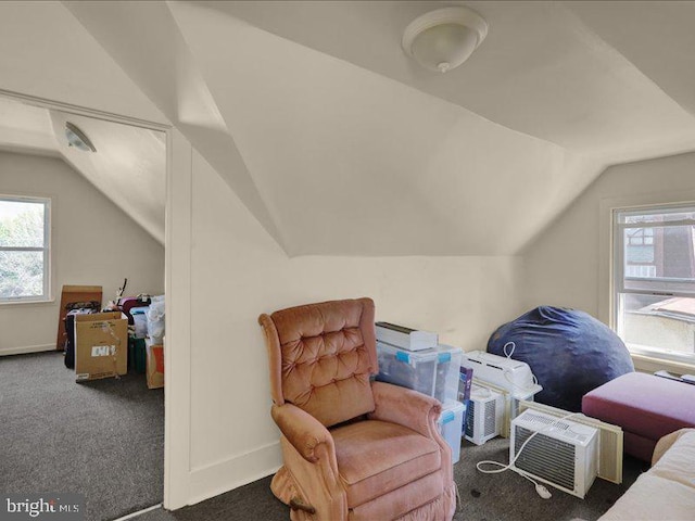 interior space with a healthy amount of sunlight, carpet floors, and vaulted ceiling