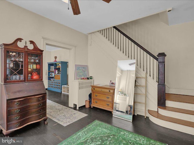 interior space with a ceiling fan and wood finished floors