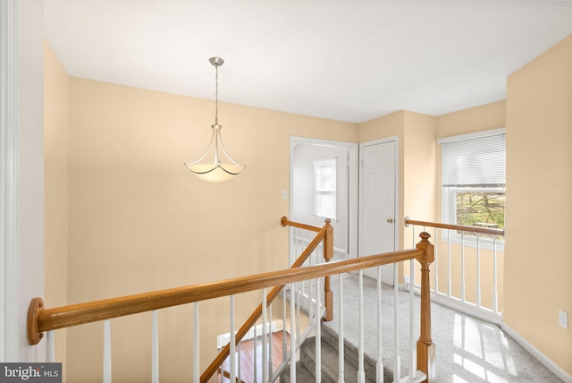 stairs with baseboards and carpet floors