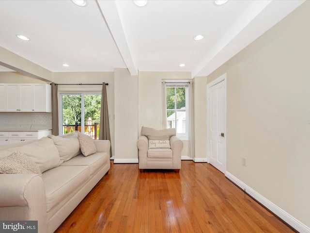 living area with plenty of natural light, light wood-type flooring, and baseboards