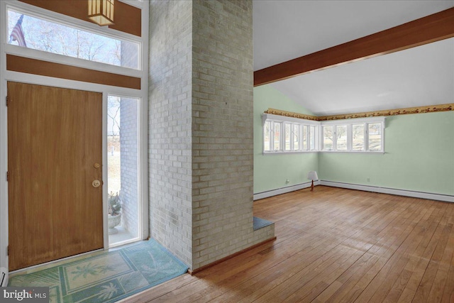 entryway with beamed ceiling, wood-type flooring, high vaulted ceiling, and a baseboard radiator