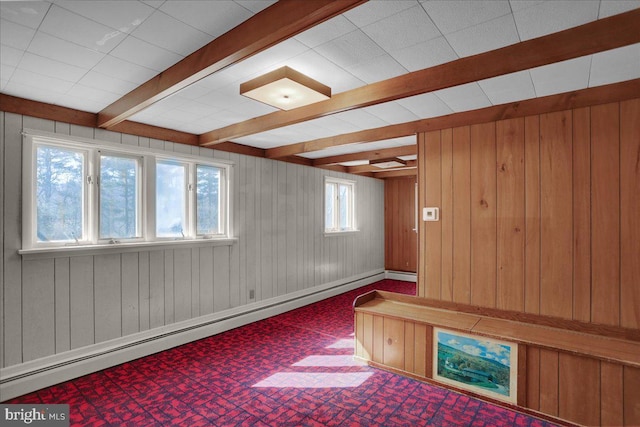 interior space featuring beam ceiling, baseboard heating, and wood walls