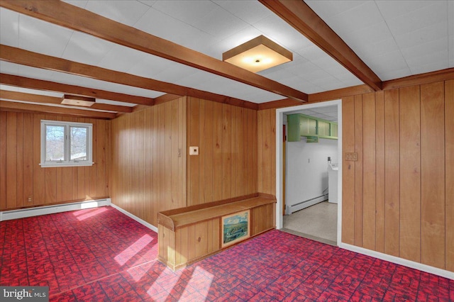 interior space featuring beam ceiling, baseboards, wood walls, and a baseboard radiator