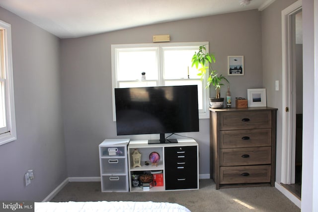 carpeted bedroom featuring baseboards and lofted ceiling