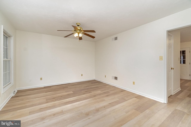 unfurnished room with visible vents, baseboards, a ceiling fan, and light wood finished floors