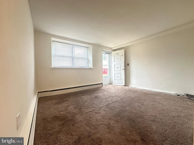 carpeted spare room featuring a baseboard radiator