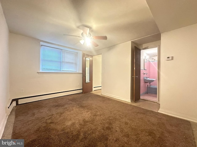 unfurnished room featuring a baseboard heating unit, baseboards, ceiling fan, carpet flooring, and a baseboard radiator