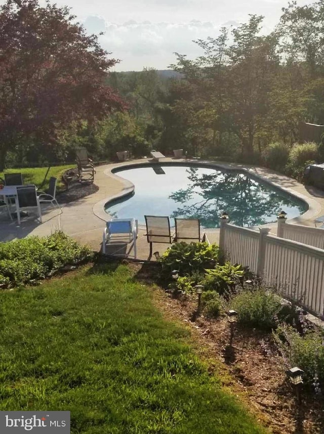 pool featuring a patio area, a lawn, and fence