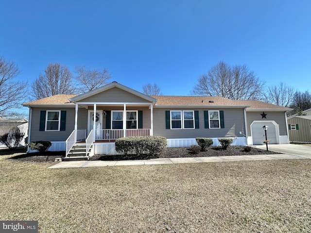 view of front of property with a porch, roof with shingles, concrete driveway, a front yard, and an attached garage