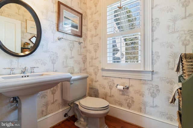 11520 Magnolia Ct, Issue, MD 20645 - bathroom with wood finished floors, toilet, baseboards, and wallpapered walls