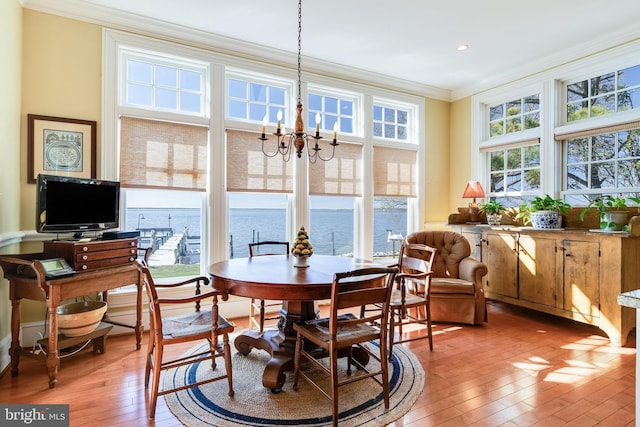 11520 Magnolia Ct, Issue, MD 20645 - dining room featuring ornamental molding, hardwood / wood-style floors, a chandelier, and recessed lighting