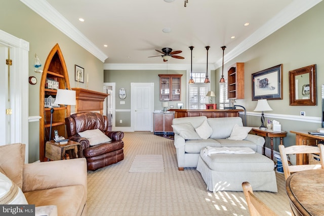 11520 Magnolia Ct, Issue, MD 20645 - living area featuring a ceiling fan, light colored carpet, recessed lighting, and ornamental molding