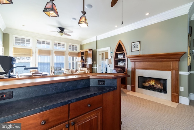 11520 Magnolia Ct, Issue, MD 20645 - kitchen with a ceiling fan, a fireplace with flush hearth, open floor plan, crown molding, and dark countertops