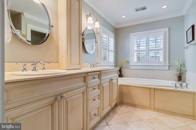11520 Magnolia Ct, Issue, MD 20645 - bathroom with double vanity, a garden tub, tile patterned floors, ornamental molding, and recessed lighting