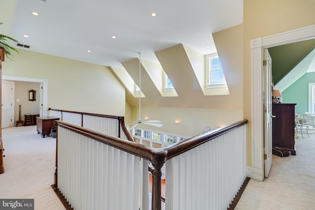 11520 Magnolia Ct, Issue, MD 20645 - hall featuring carpet, a skylight, recessed lighting, an upstairs landing, and a high ceiling