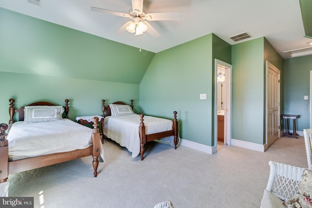 11520 Magnolia Ct, Issue, MD 20645 - bedroom featuring light colored carpet, baseboards, ensuite bath, ceiling fan, and lofted ceiling