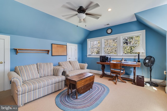 11520 Magnolia Ct, Issue, MD 20645 - living room with carpet flooring, a ceiling fan, vaulted ceiling, a desk, and baseboards