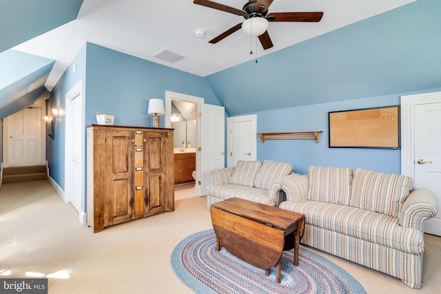 11520 Magnolia Ct, Issue, MD 20645 - living room featuring ceiling fan, light carpet, and vaulted ceiling