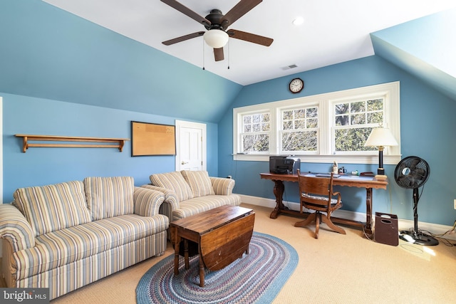 11520 Magnolia Ct, Issue, MD 20645 - carpeted living room featuring a ceiling fan, a desk, vaulted ceiling, and baseboards