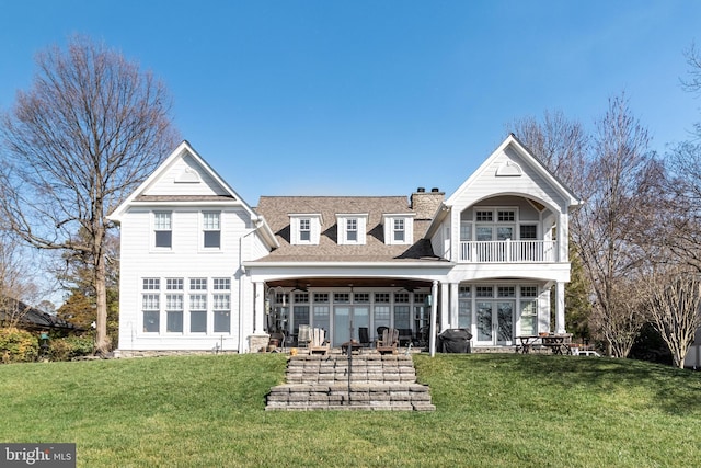 11520 Magnolia Ct, Issue, MD 20645 - rear view of property with french doors, a balcony, a lawn, ceiling fan, and a chimney