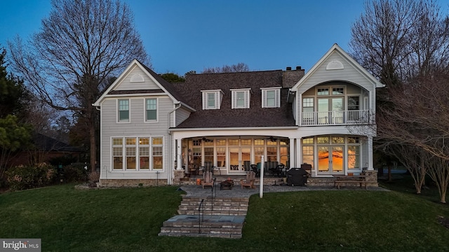 11520 Magnolia Ct, Issue, MD 20645 - rear view of property featuring a patio area, a balcony, a yard, a chimney, and a ceiling fan