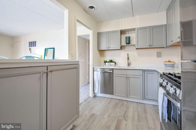 kitchen with a sink, stainless steel appliances, open shelves, and gray cabinets