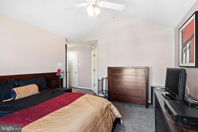 carpeted bedroom featuring high vaulted ceiling and ceiling fan