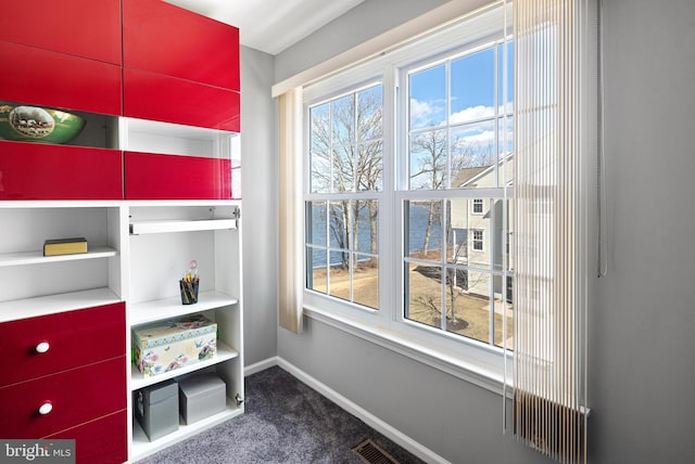 interior space featuring visible vents, baseboards, and carpet floors