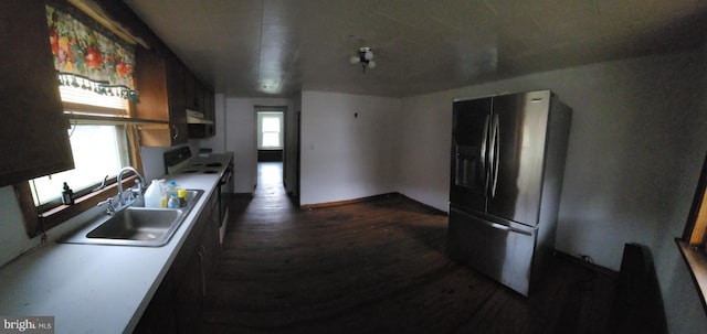 15941 Foundry Row NW, Mount Savage, MD 21545 - kitchen with stainless steel refrigerator with ice dispenser, white range with electric stovetop, under cabinet range hood, and dark wood-style flooring