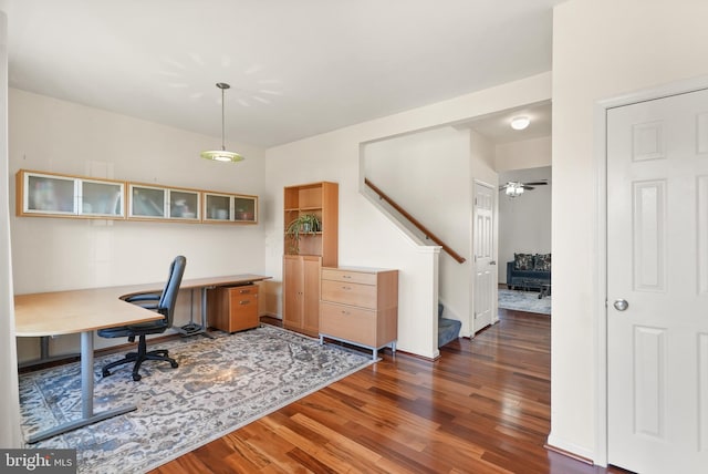 home office featuring a ceiling fan and wood finished floors