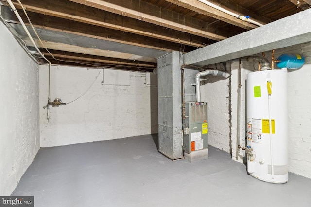 unfinished basement with gas water heater and heating unit