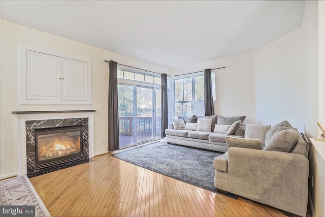 living area featuring hardwood / wood-style flooring and a high end fireplace