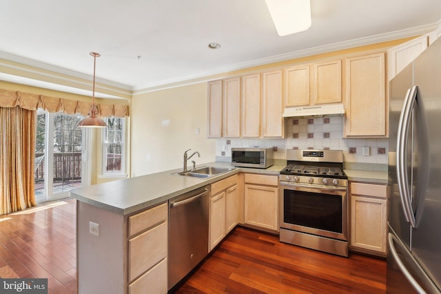 kitchen with a peninsula, a sink, light brown cabinetry, under cabinet range hood, and appliances with stainless steel finishes