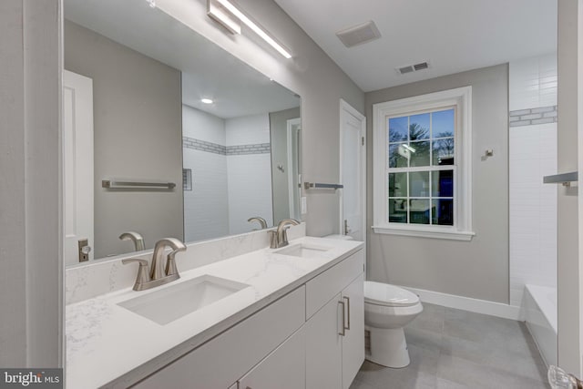 bathroom featuring a sink, visible vents, a shower, and toilet