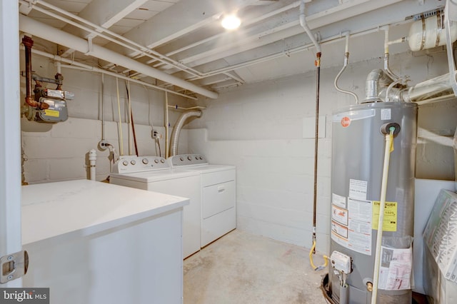 laundry room featuring laundry area, washing machine and dryer, and water heater