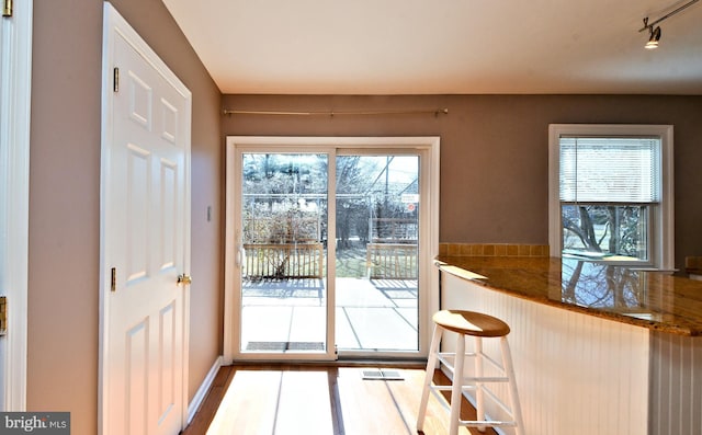 doorway to outside featuring visible vents, a healthy amount of sunlight, track lighting, and wood finished floors