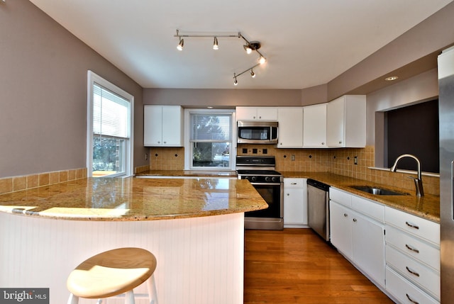 kitchen with wood finished floors, a peninsula, a sink, stainless steel appliances, and tasteful backsplash