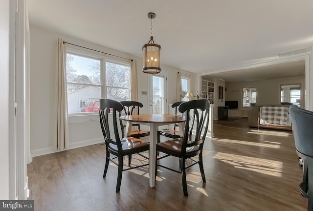 dining room featuring wood finished floors, baseboards, and a healthy amount of sunlight