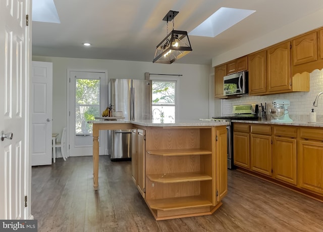 kitchen with open shelves, a skylight, dark wood-type flooring, appliances with stainless steel finishes, and backsplash